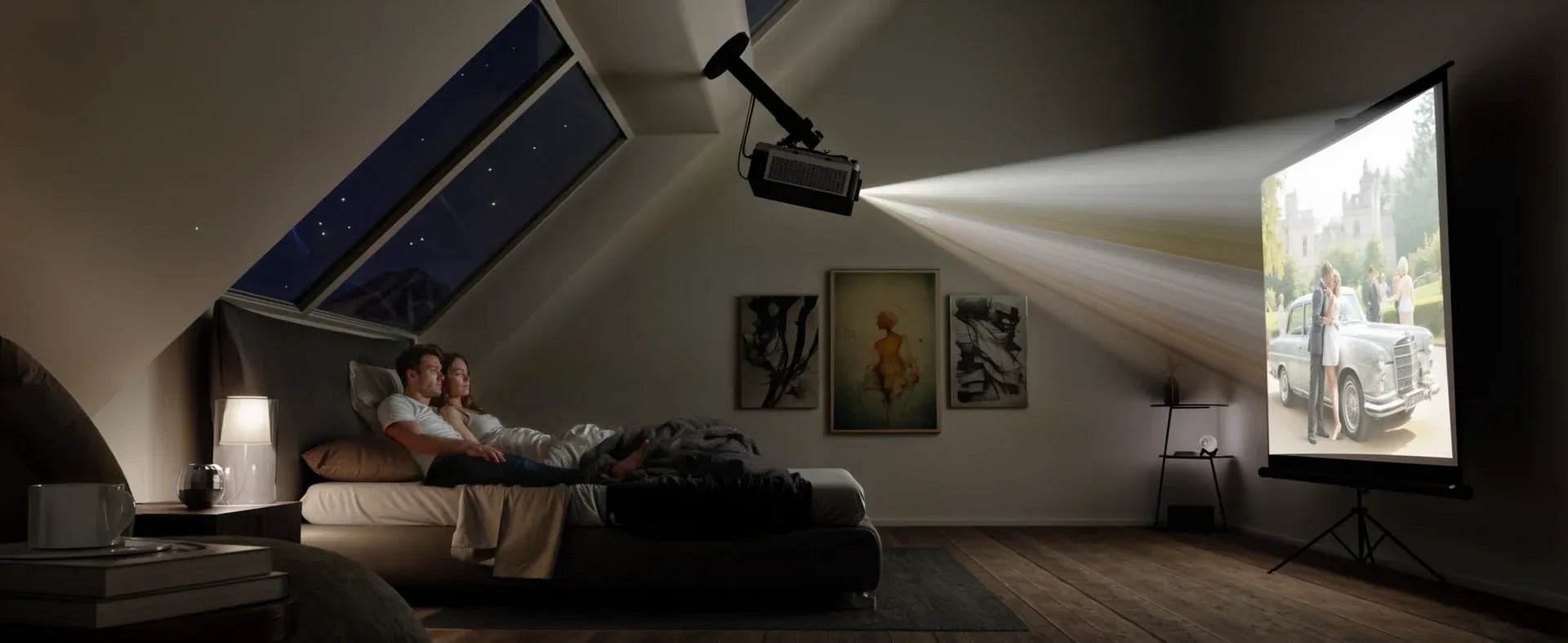 Bedroom projector attached to a sloped ceiling and aligned with the screen
