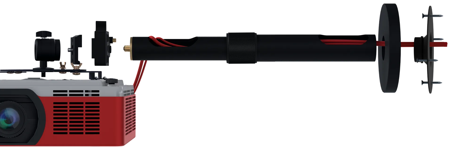 Exploded mount: quick-release connection, adjustable pipe with cables inside, cover and mounting plate