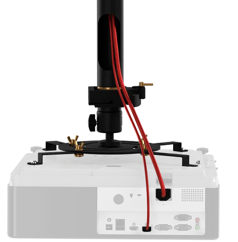 Rear view showing cables exiting the pipe and connecting to the projector