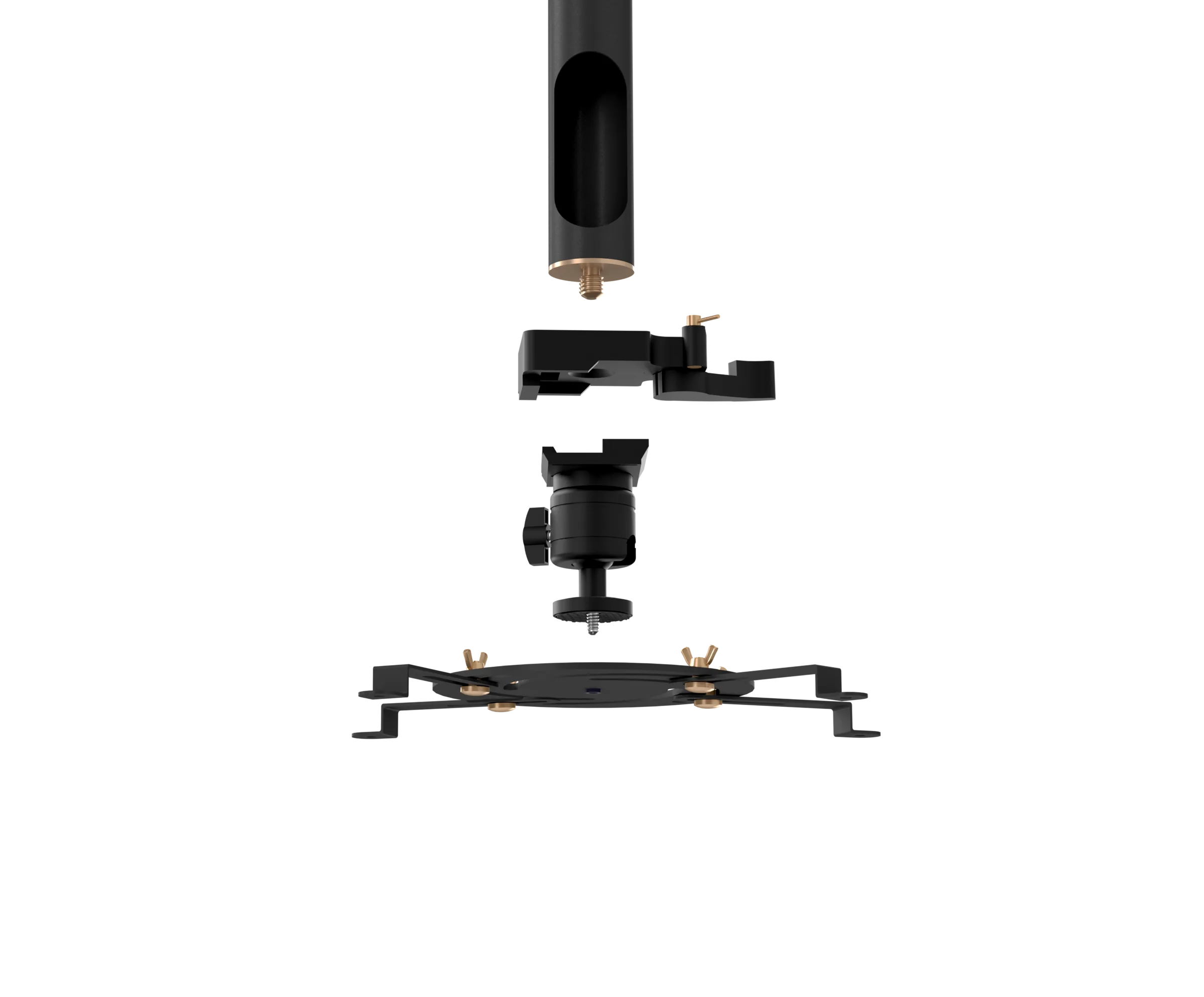 Overview of the mount: pipe, quick-release receiver, swivel head and adapter plate.