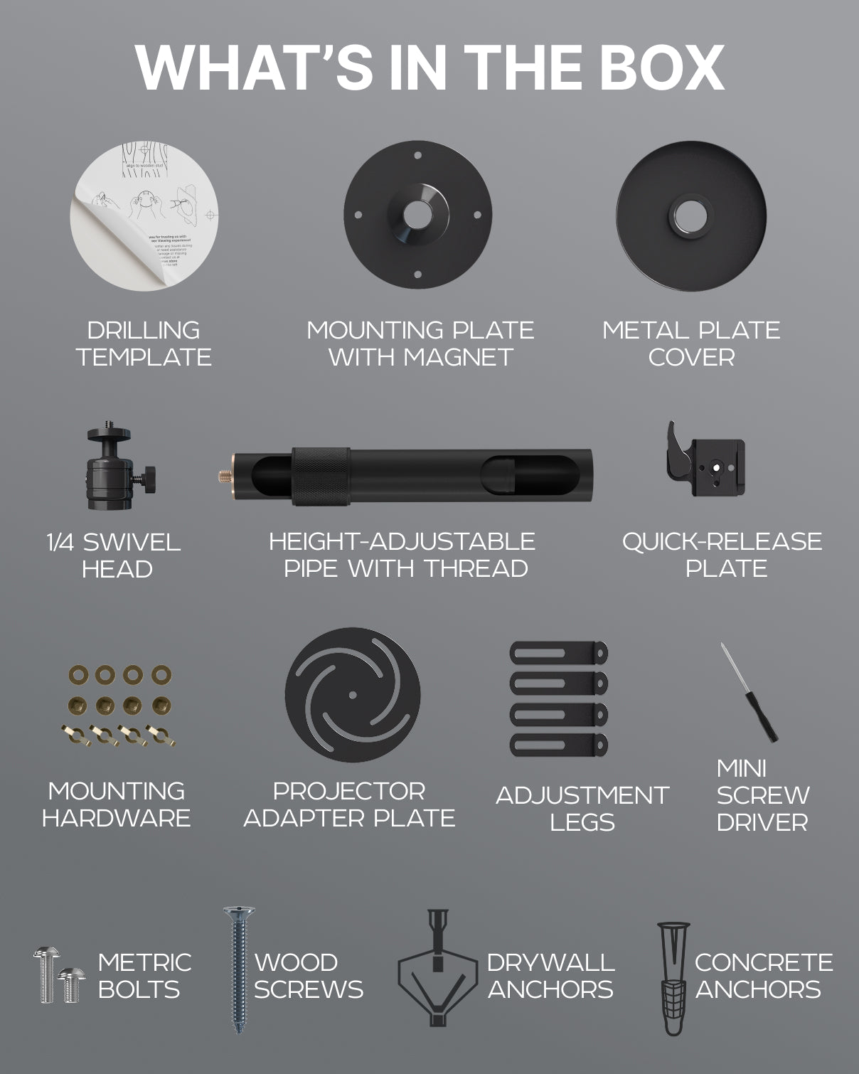Full kit: drilling template, mounting plate and cover, pipe, head, quick-release plate, adapter, arms and hardware