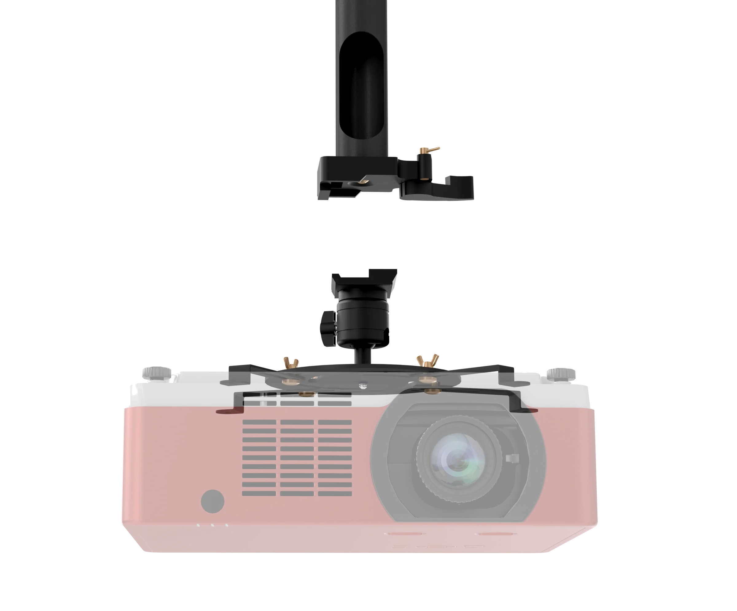 Projector with the head and adapter plate attached, below the receiver.