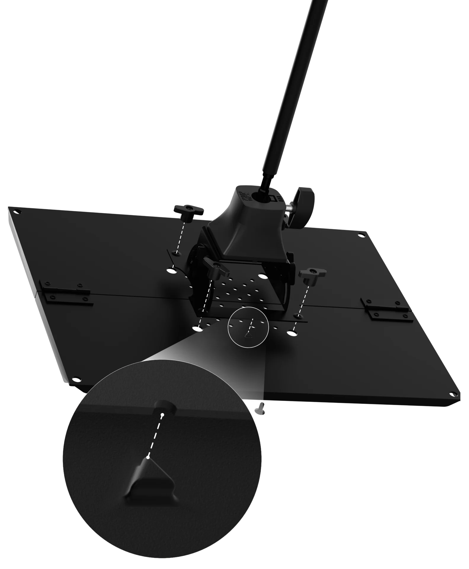 Close-up of the tray attachment and screw alignment