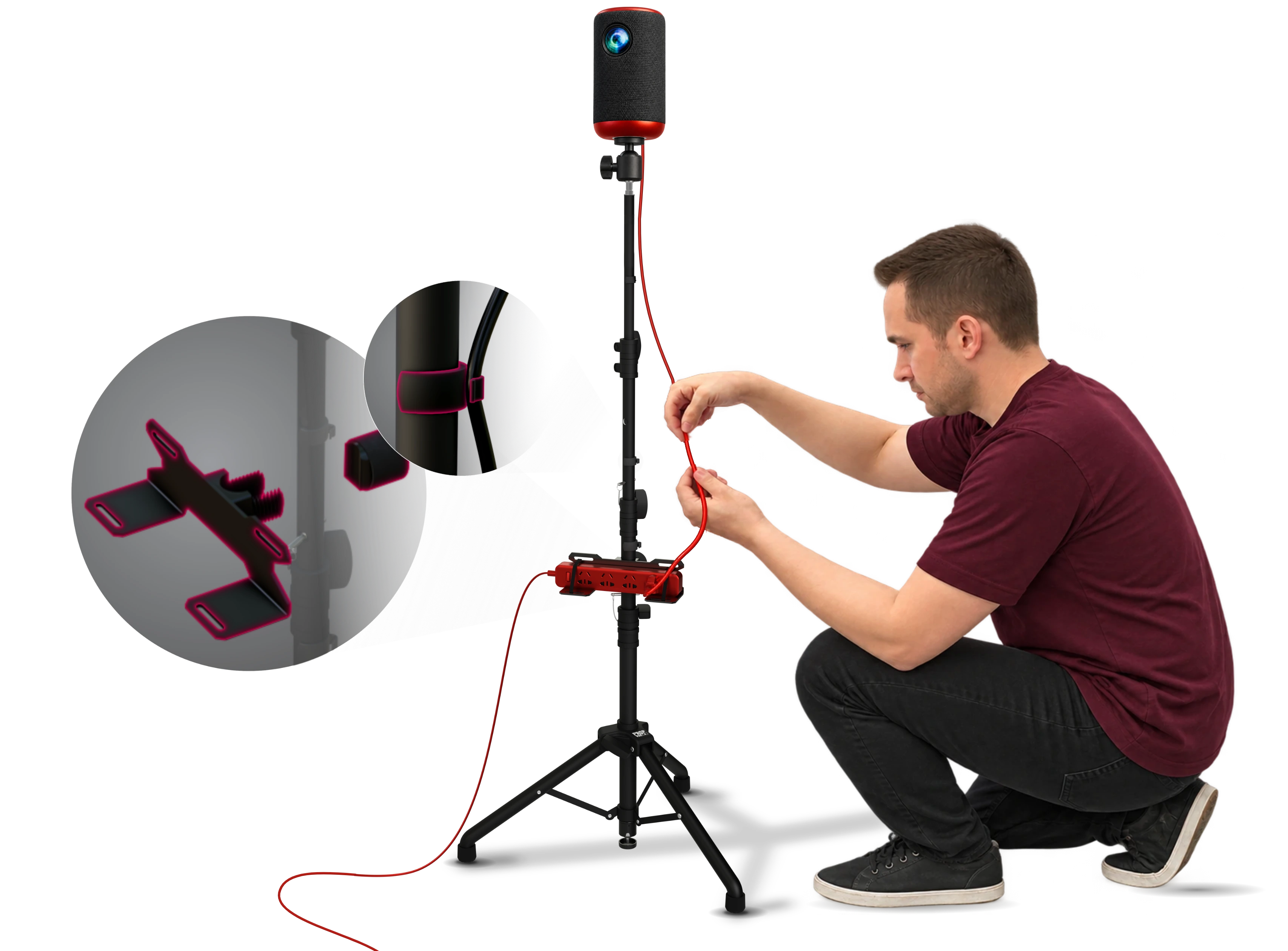 A man securing a cable alongside the stand