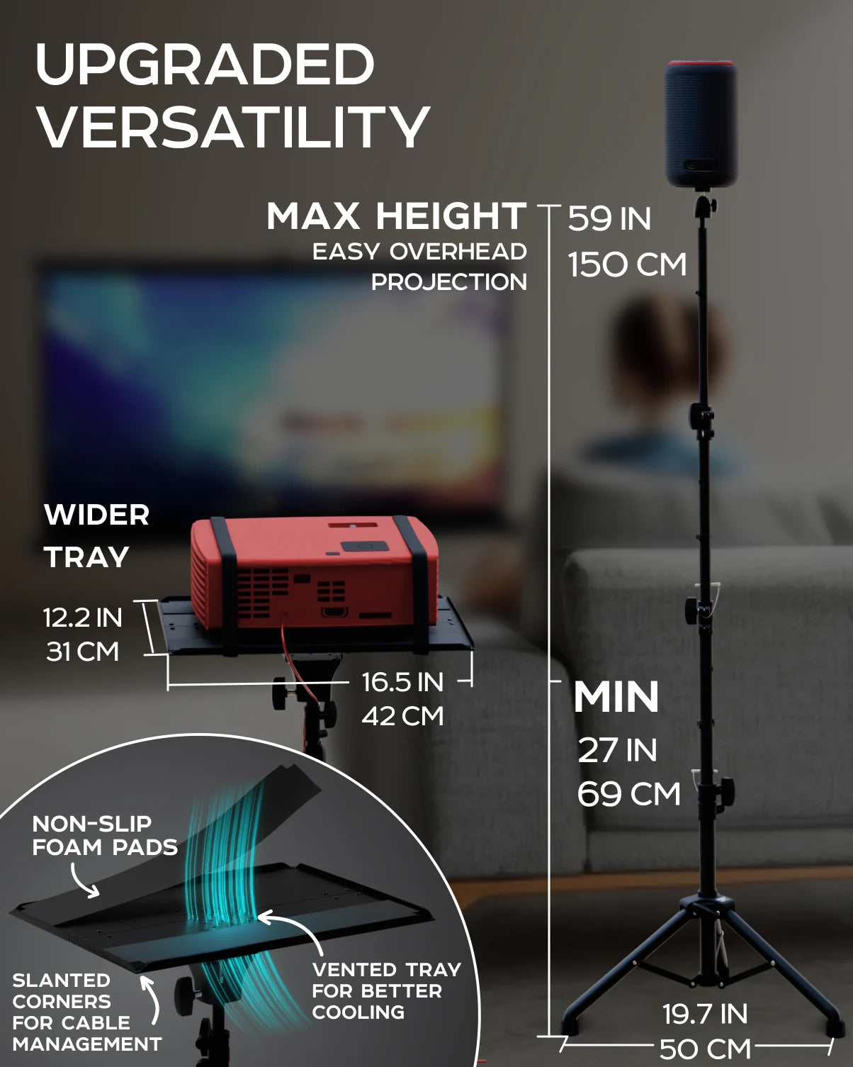 Dimension diagram showing 27–59-inch height, 16.5 by 12.2-inch tray and 19.7-inch base
