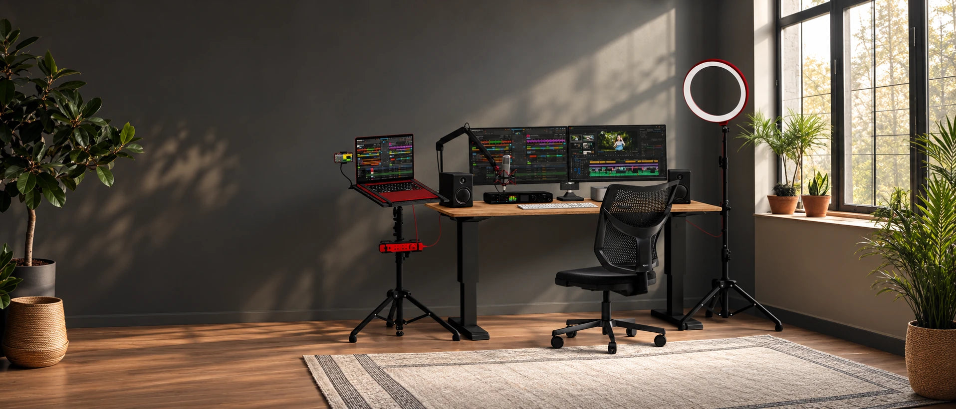 Stands supporting a laptop and ring light beside a home studio desk